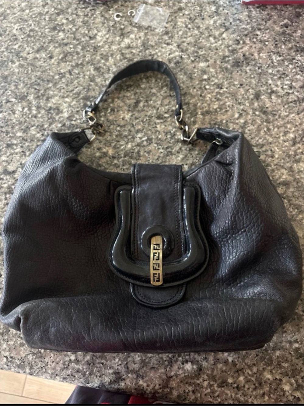 Fendi Black Leather Hobo with Brass Logo Accent